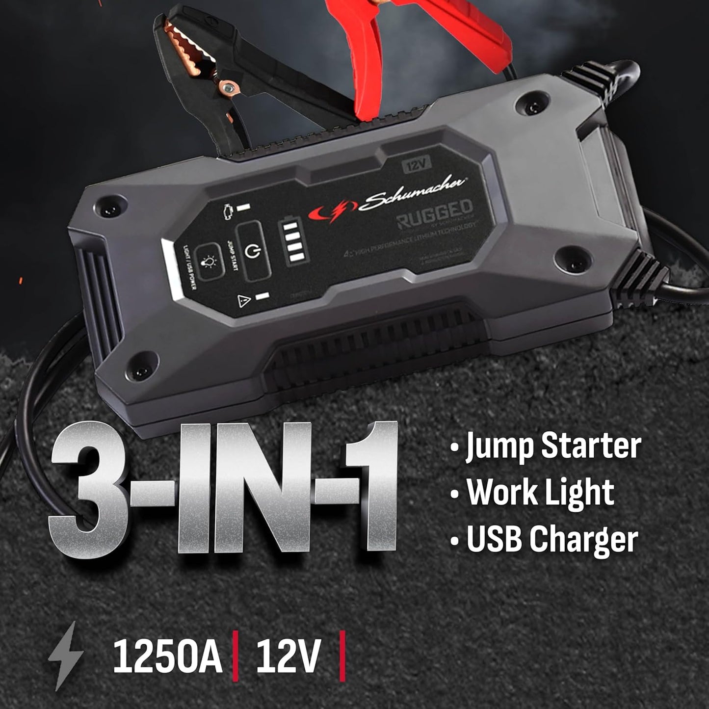 Schumacher Electric 1250A Rugged Lithium Car Battery Jump Starter and Portable Power Pack/Jump Box, 3-in-1 Solution, 2.4A USB Charging, for 12V Power Sport, Automotive, and Marine Batteries, SL1648