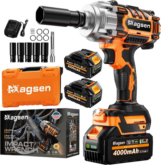 1/2 inch Cordless Impact Wrench, 900Ft-lbs (1200N.m) High Torque Brushless Impact Gun,3800RPM,2x4000mAh Battery, 6 Sockets,LED Light,Electric Impact Motor Variable Speeds for Car/Mower/Pickup