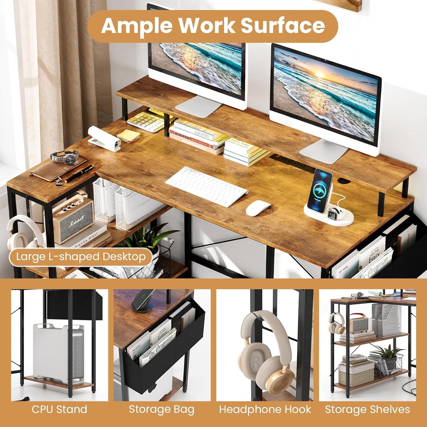 Tangkula L-Shaped Gaming Desk with LED Lights & Power Outlets, 48"/120 cm Computer Desk with Storage Shelves & Monitor Stand, Corner Gaming Desk with Metal Frame, Home Office Desk (Rustic Brown)