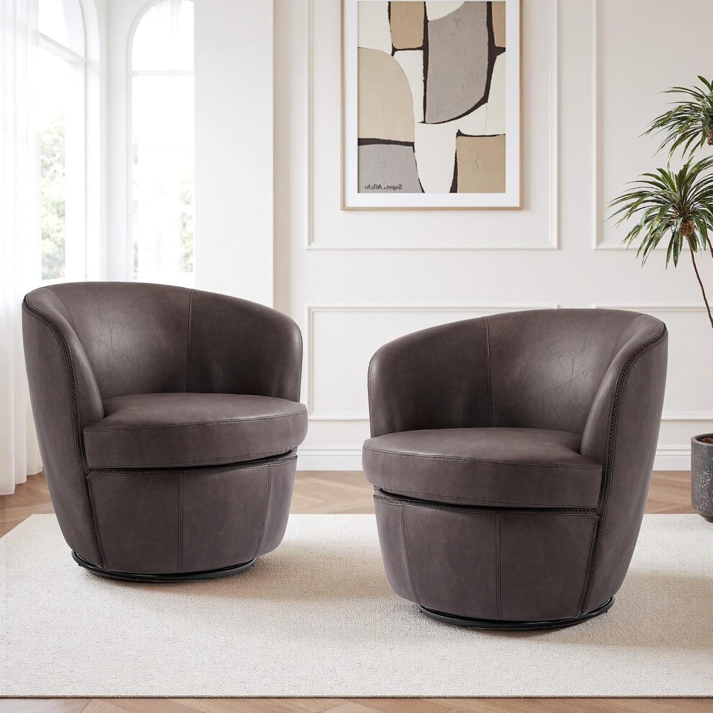 UIXE PU Leather Swivel Barrel Accent Chair, Modern Round Swivel Chair Comfy Upholstered Armchair for Living Room, Vintage Arm Chair Single Sofa Bedroom Reading Seats - Chocolate