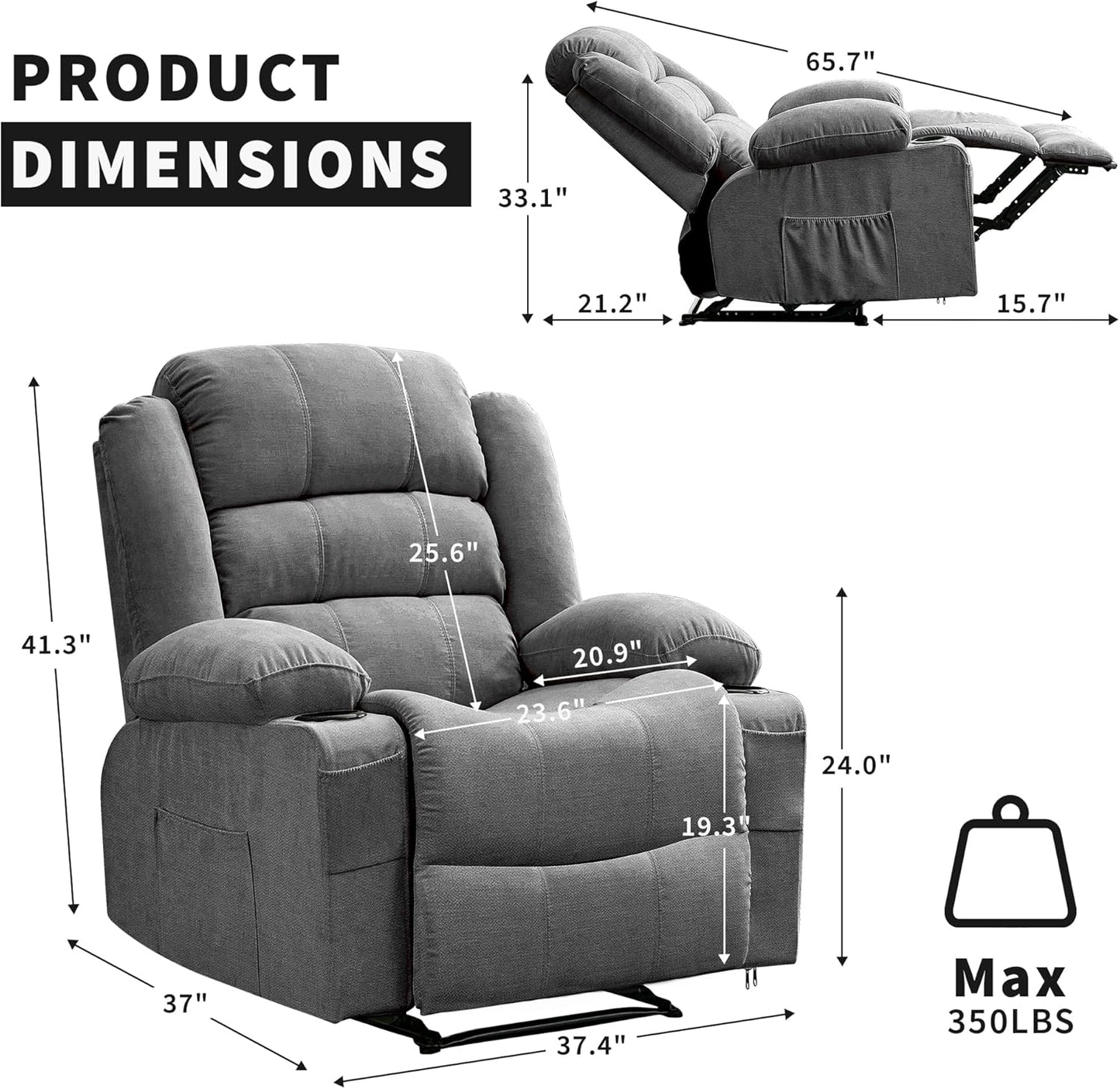 Wide Manual Recliner Chair for Adults – Widen Oversize Overstuffed Breathable Fabric Lounge Chair with 3 Angle Modes 2 Cup Holders Side Pockets