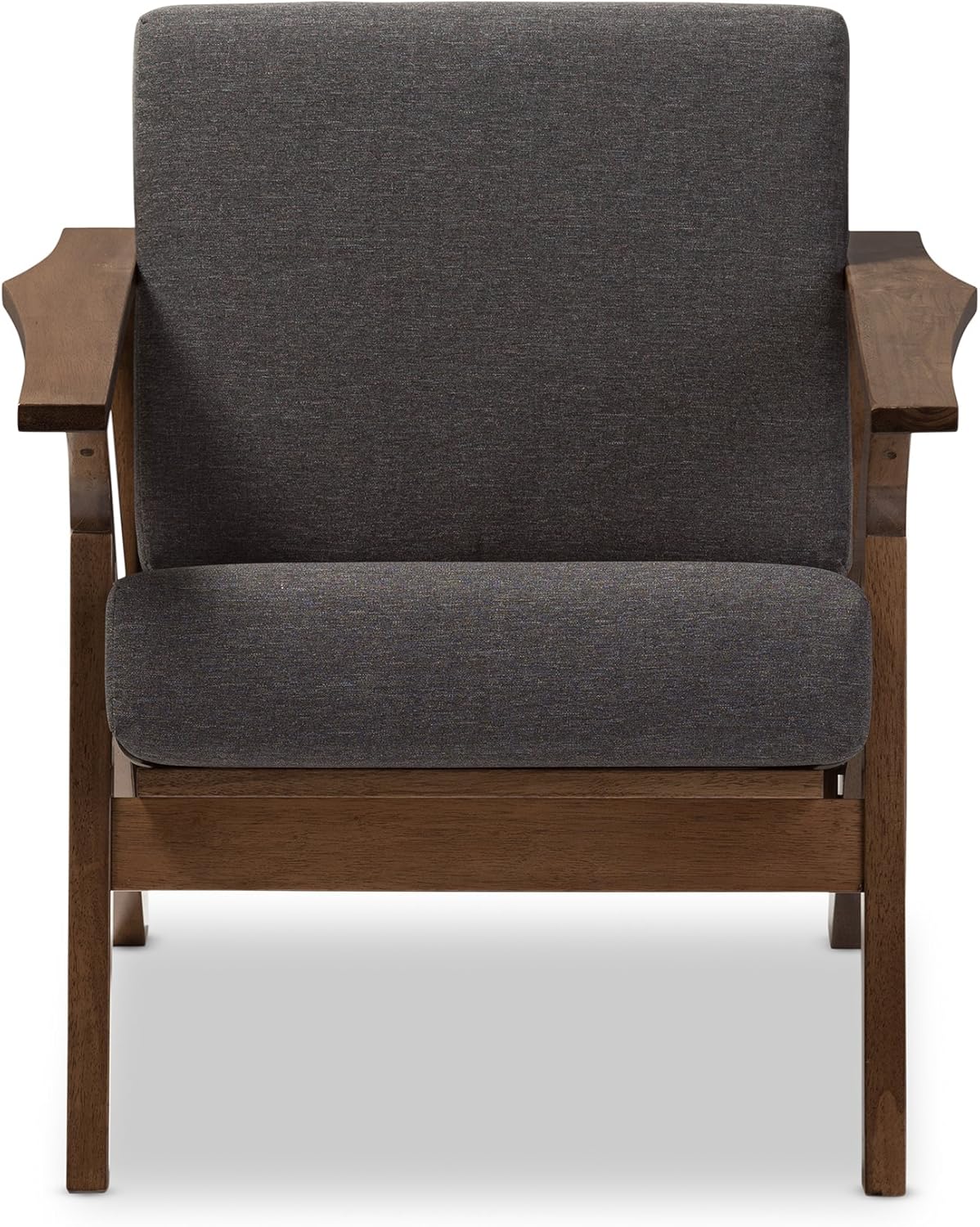 Baxton Studio Genie Mid-Century Modern Wood Grey Fabric Living Room 1-Seater Lounge Chair, Walnut