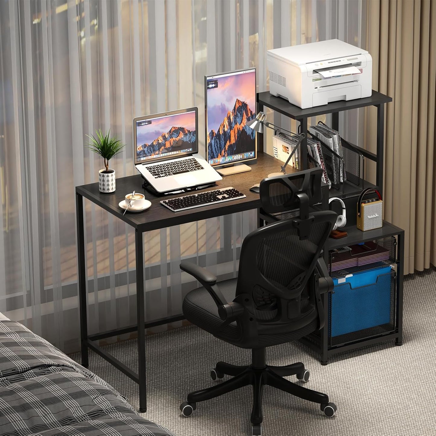 X-cosrack 47" Computer Desk with 2 Mesh File Drawers, Home Office Desks with Shelves, Printer Space, Study Writing and Gaming Table with 3 Vertical File Holders for Small Space, Bedroom, Dorms, Black