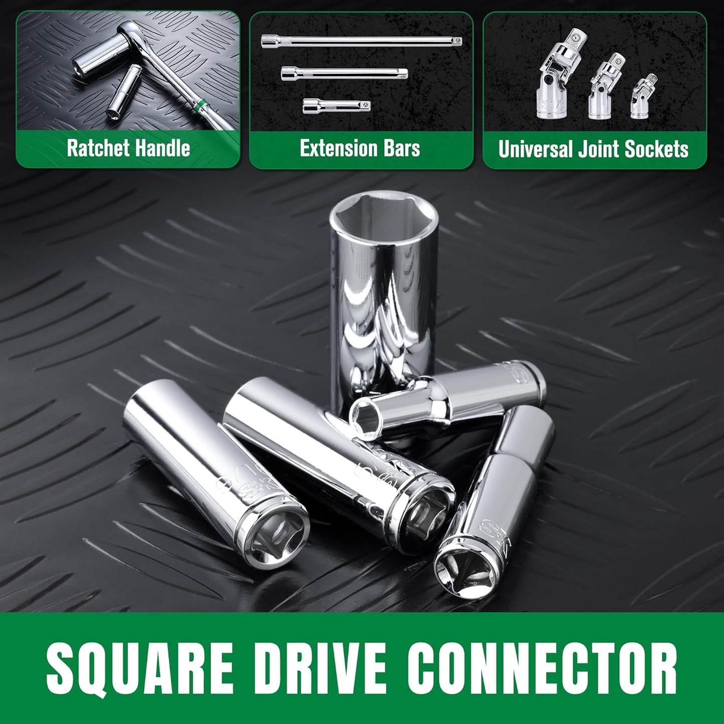 SK 3/8" Drive Socket Set, Deep SAE Sockets, 13-Piece 1/4" to 1", SuperKrome Finish, Premium CR-V Construction, with Aluminum Socket Organizer