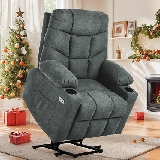 YITAHOME Power Lift Recliner Chair, Modern Fabric Recliner Chair with Massage and Heat, Spacious Seat, USB Ports, Cup Holders, Remote Control, Suitable for Living Room Dark Grey2