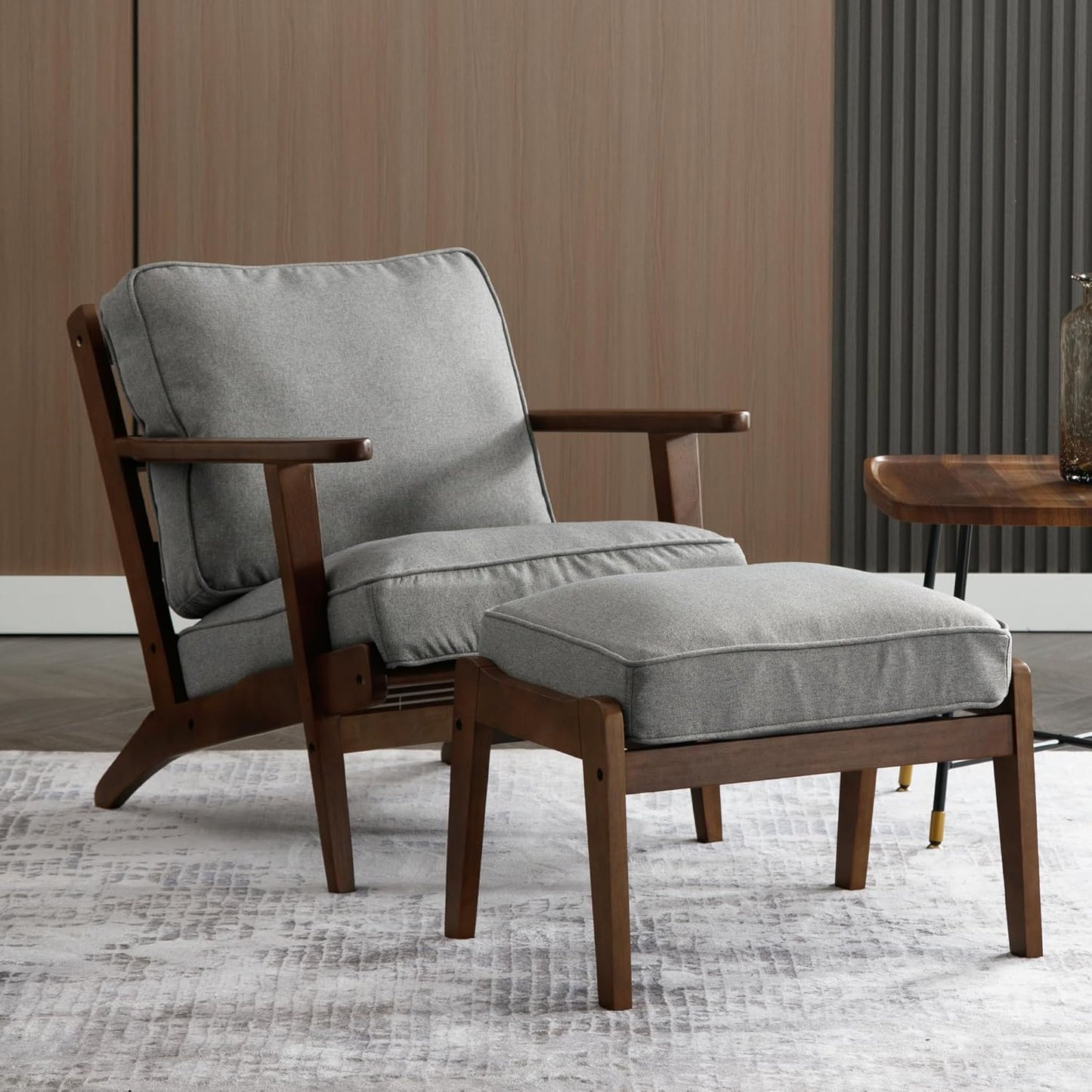 Comfy Accent Chair with Ottoman, PU Faux Leather Living Room Reading Chair Armchair, Upholstered Side Chair Mid Century Modern Sofa Lounge Chair for Bedroom/Guest Room, Brown