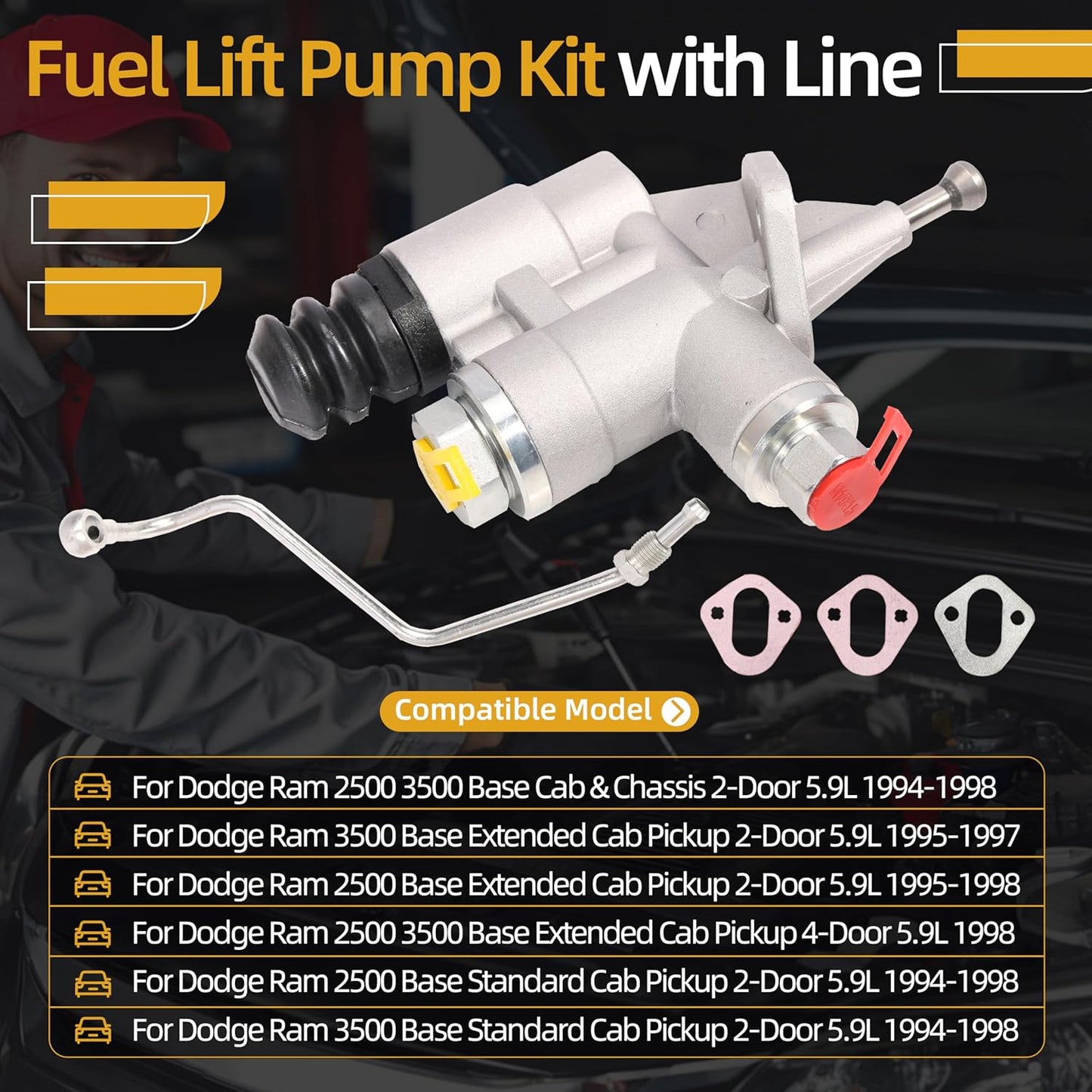 3936316 Diesel Fuel Lift Pump Kit with Line, Fit for Dodge Ram 2500 3500 Pickup fit for Cummins 1994-1998, 5.9L 6BT 12V Engine