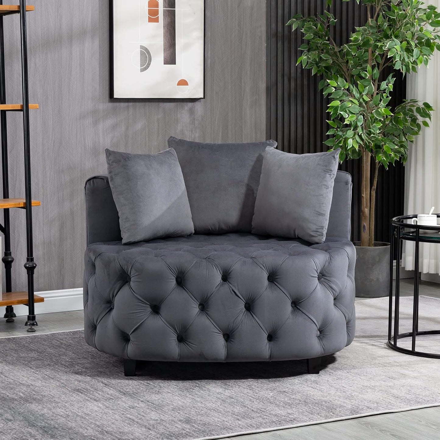Velvet Accent Chair, Tufted Upholstered Barrel Chair Lounge Chair with 3 Movable Pillows and Solid Wood Legs, Oversized Round Sofa Chair Reading Chair for Living Room Bedroom Hotel Office, Blue