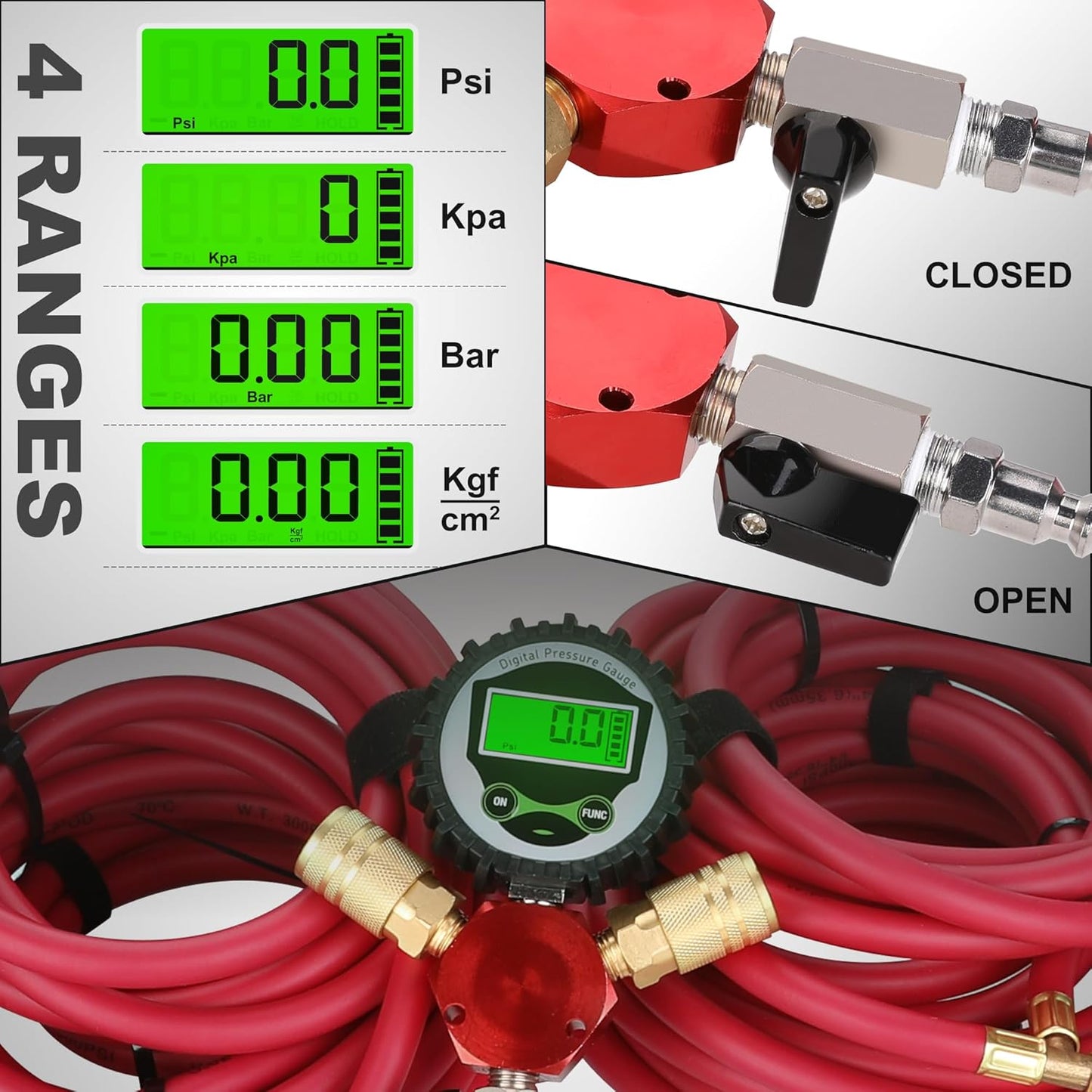 WYNNsky 4 Tire Inflation Deflation System, 1/4’’ Rubber Hose with Air Chuck, Digital Tire Pressure Gauge