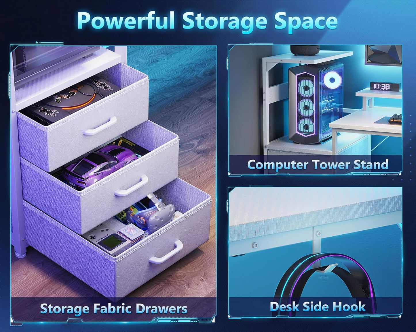 Casaottima 59 Inch Gaming Desk with USB Charging Ports & LED Light - Reversible Computer Desk with 3 Fabric Drawers, Monitor Stand, CPU Stand, and Side Hook, Modern Office Desk, White