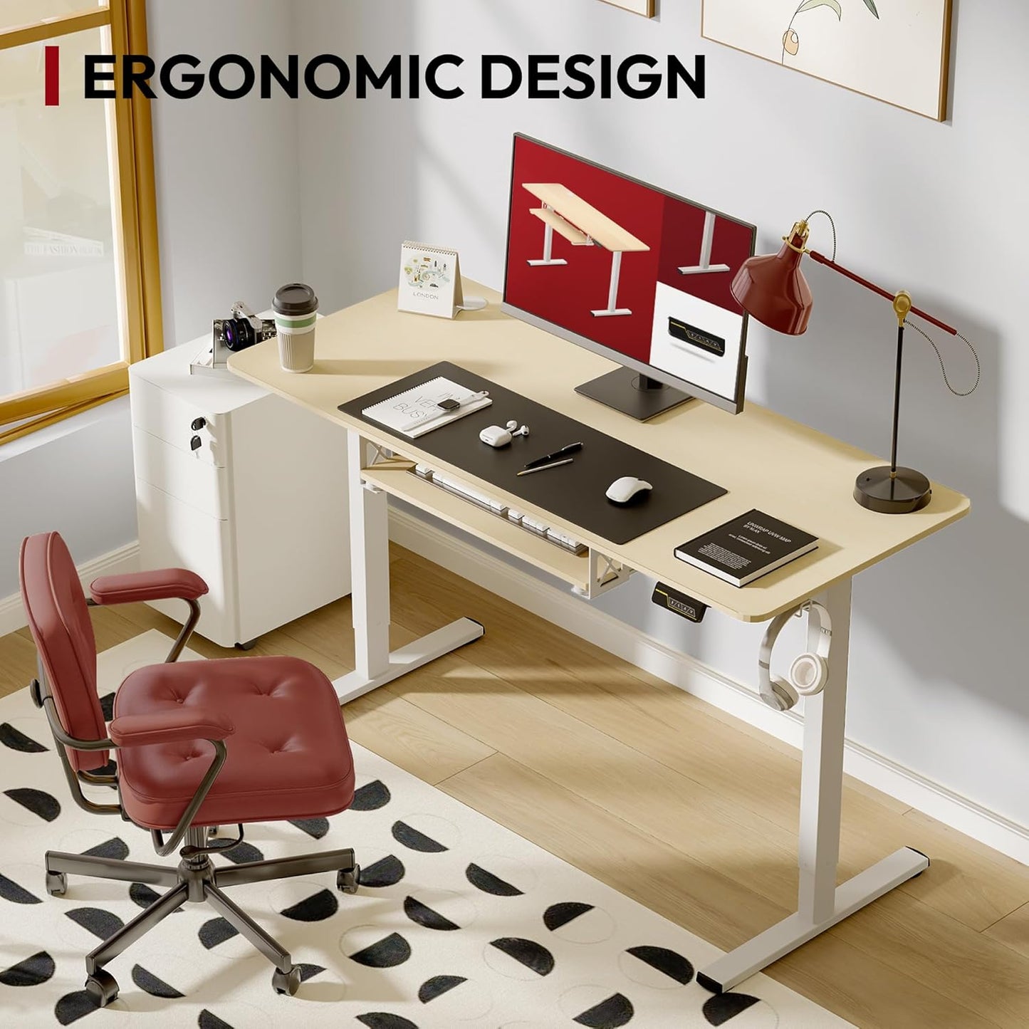 SANODESK Standing Desk with Keyboard Tray 48 × 24 Inches Electric Height Adjustable Desk,Sit Stand up Desk with Splice Board, Home Office Desk Computer Workstation,White Frame/Maple Top