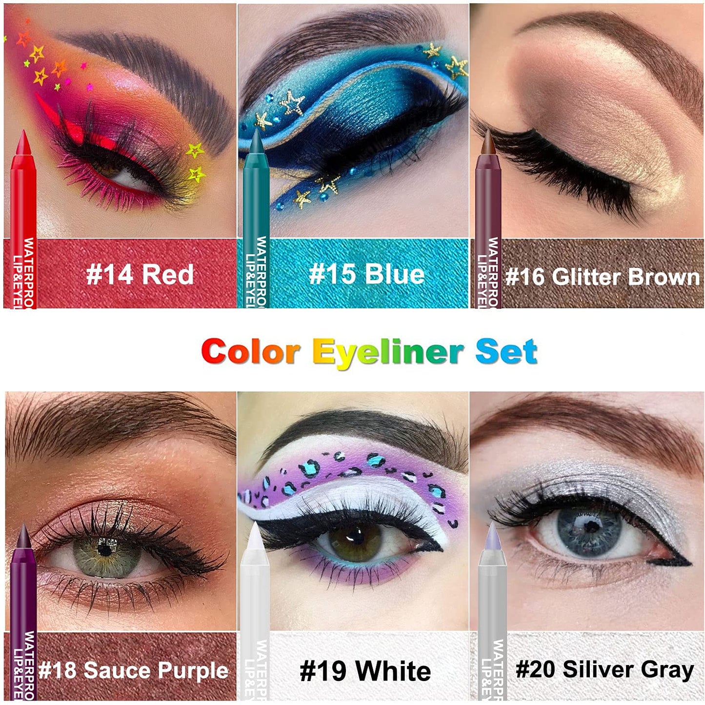 15PCS Colorful Eyeliner Pen Set, Eye Shadow Pencil, Pearl & Matte Metallic Glitter Eyeliner for Women, Eye & Lip Liner, Professional Eye Makeup Set