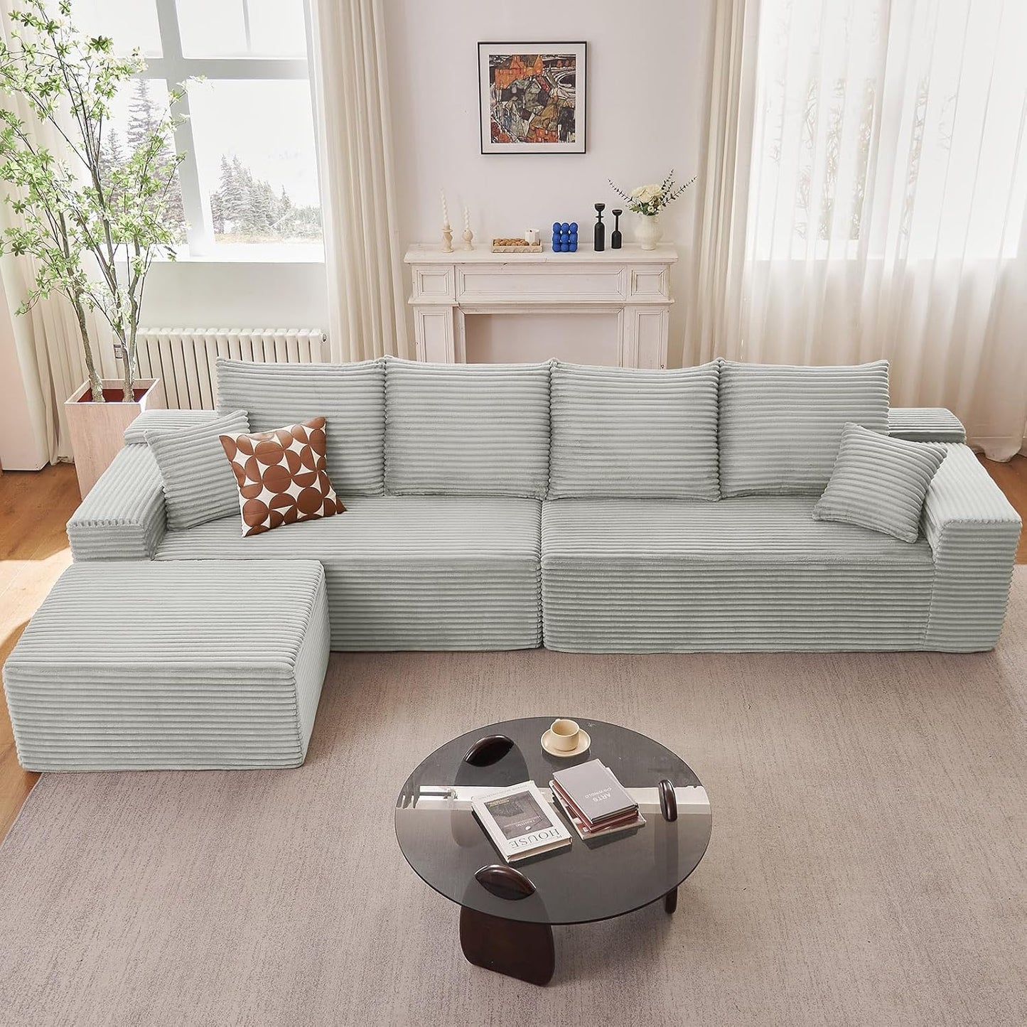 107" Modular Sectional Couches for Living Room, Comfy Boneless L Shaped Cloud Couch with Chaise Lounge, Modern Cozy Corduroy Deep Seat Floor Sofa, Memory Foam, No Assembly Required, Black