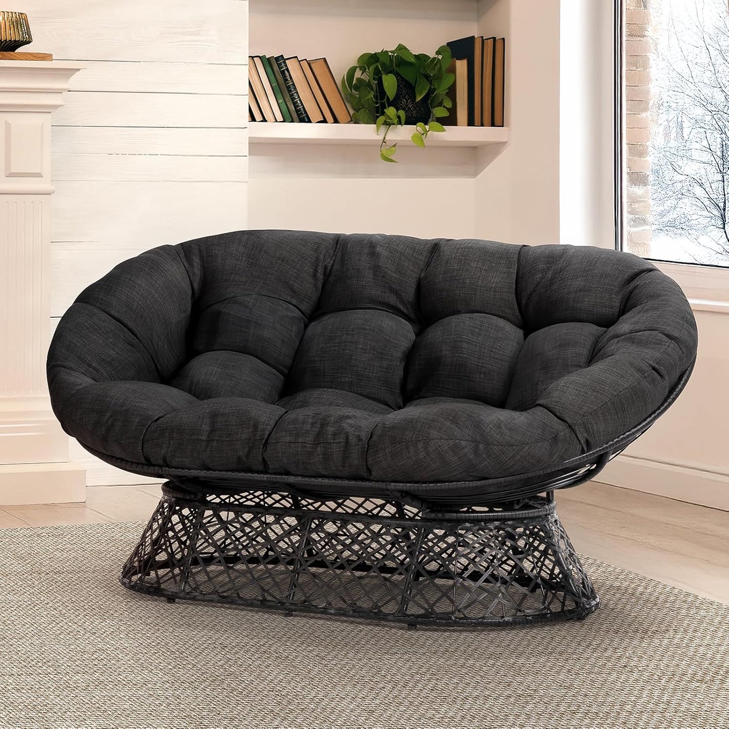 Bme 40" Ergonomic Wicker Papasan Chair with Soft Thick Density Fabric Cushion, High Capacity Steel Frame, 360 Degree Swivel for Living, Bedroom, Reading Room, Lounge, Silver Cloud - Black Base