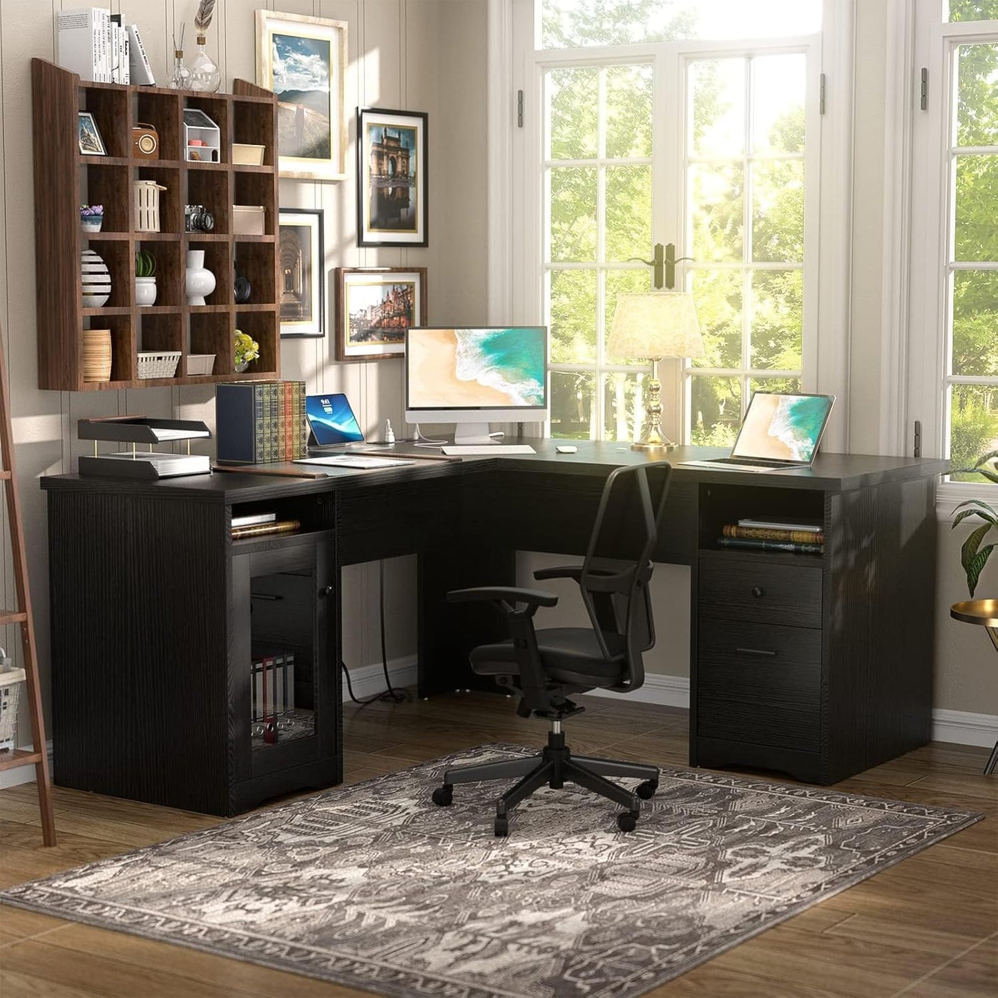 Unikito L Shaped Office Desk with Drawer, 60 Inch Computer Desk with Power Outlet & USB Charging Port, Large Corner Desk with File Cabinets, 2 Person Sturdy Executive Desk with Storage Cabinet, Black