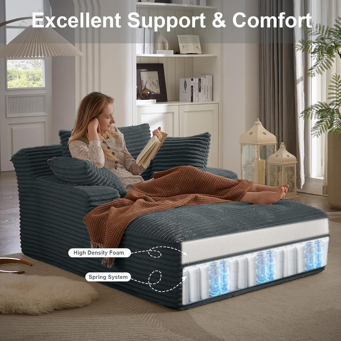 50" W Oversized Boneless Chaise Lounge Sofa Chair Indoor, Corduroy Plush Reading Cloud Couch, No Assembly Single Floor Sleeper Chair Bed for Living Room Apartment Office Small Spaces