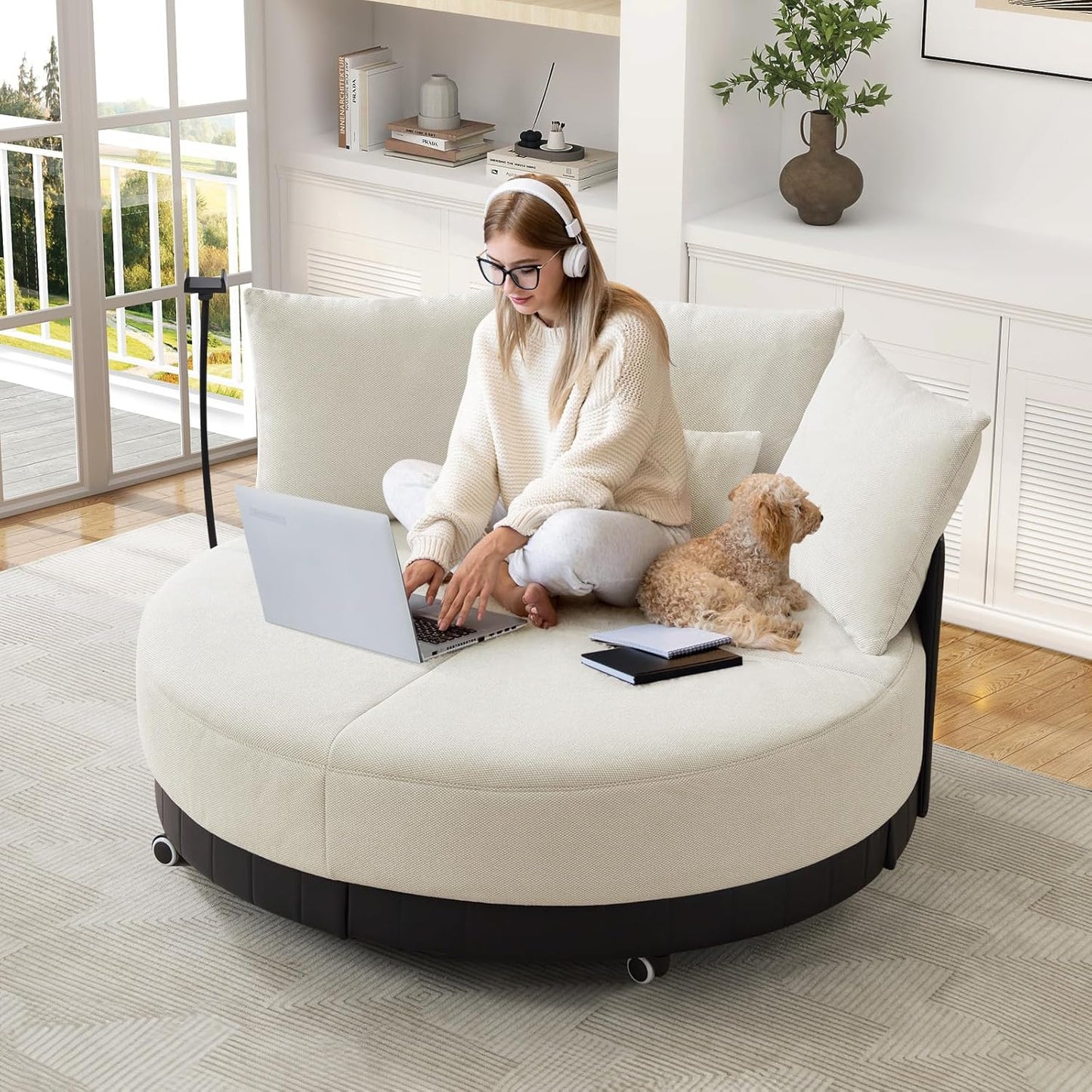SLEERWAY Oversized Round Swivel Accent Chair, Large Circle Barrel Chair and A Half, Comfy Upholstered Lazy Sofa Couch with Phone Stand/Wheels, Chaise Lounge Daybed for Living Room, Bedroom, Beige
