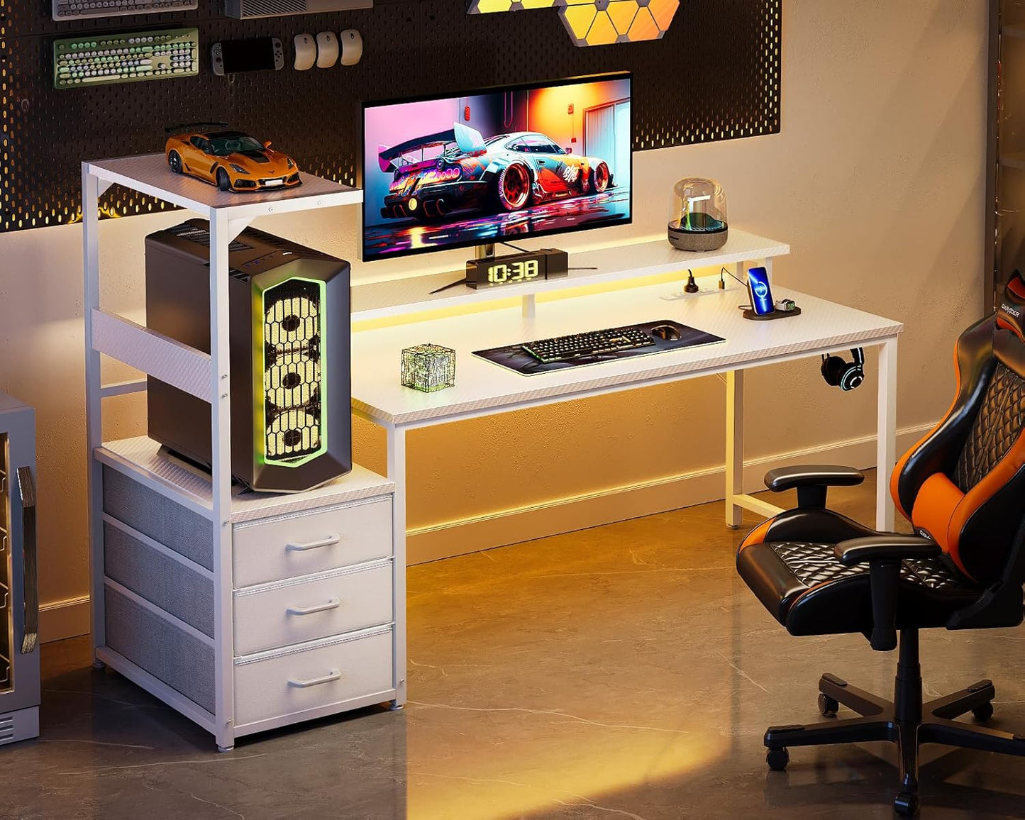 Casaottima 59 Inch Gaming Desk with USB Charging Ports & LED Light - Reversible Computer Desk with 3 Fabric Drawers, Monitor Stand, CPU Stand, and Side Hook, Modern Office Desk, White