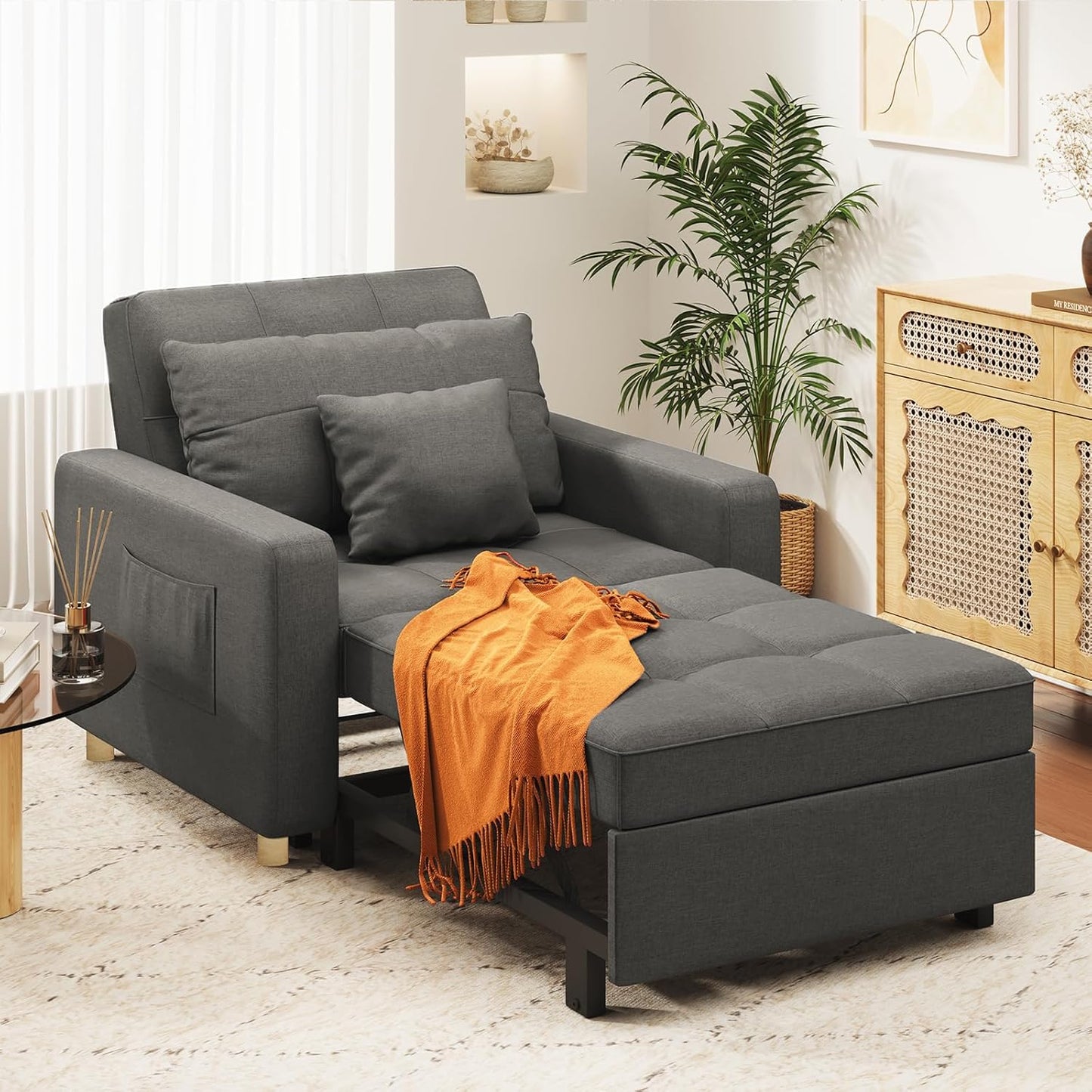 31.5" Sleeper Chair, Convertible Chair Bed for Adults, 3-in-1 Pull Out Sofa Chair with Side Pocket, Pillow and Adjustable Backrest for Small Space, RV, Apartment, Living Room, Dark Grey