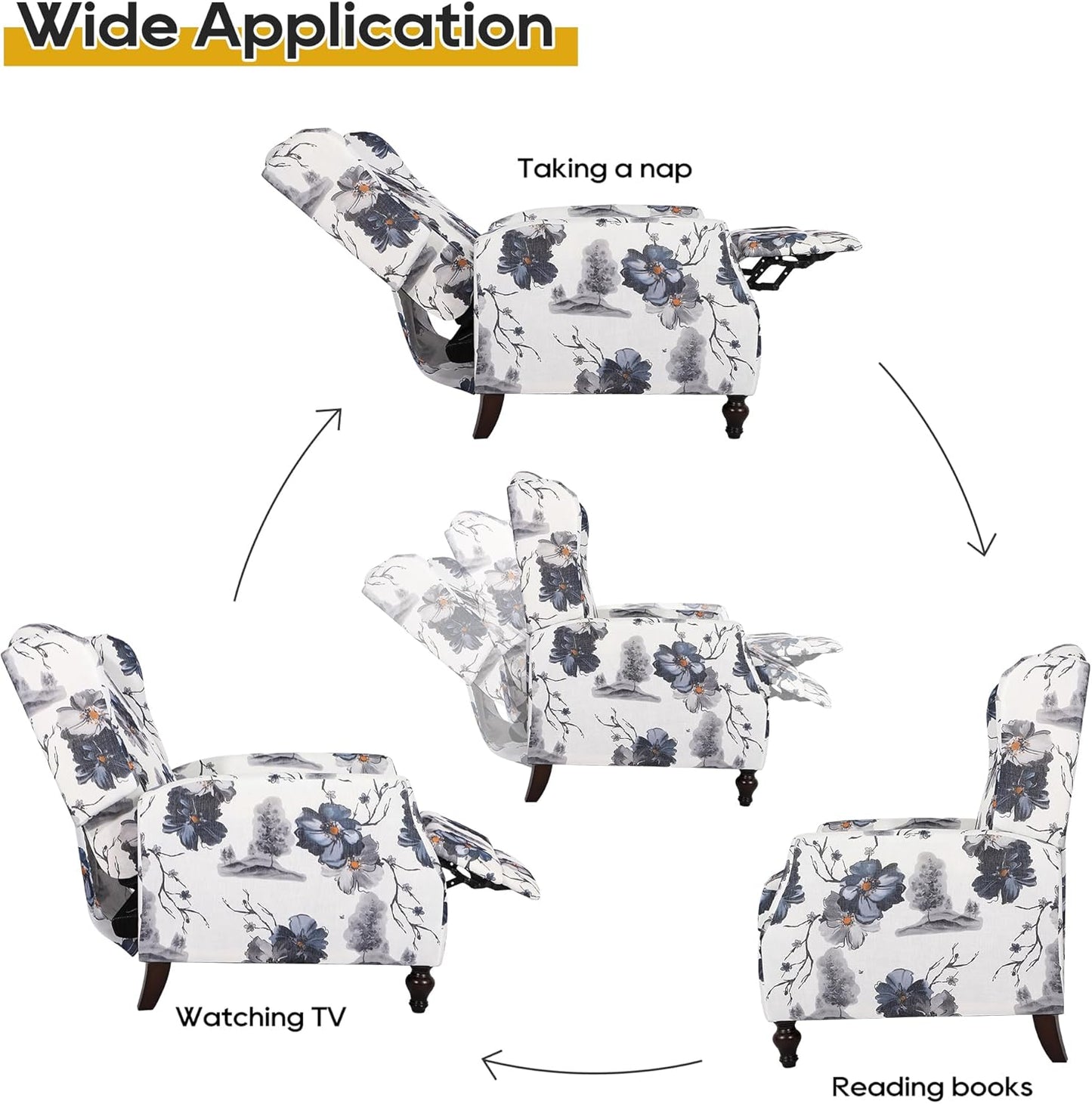 Set of 2 Wingback Recliner Chairs, Mid-Century Modern Push-Back Manual Recliners for Adults, Upholstered Floral Accent Chairs with Solid Wood Legs for Living Room & Bedroom, Blue