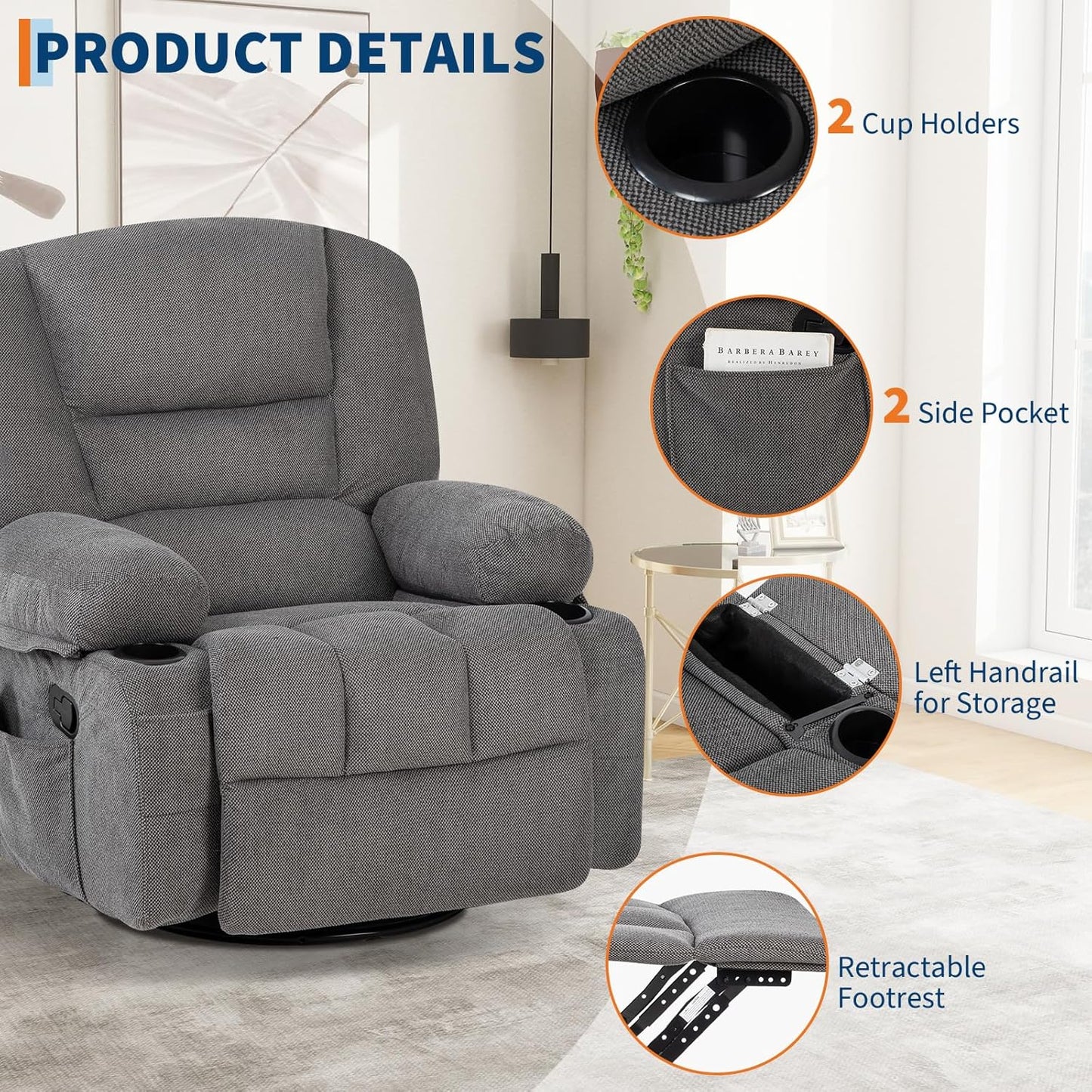 360° Swivel Recliner Chair with Heat ＆ Massage, Widen Overstuffed Single Sofa Lounge Chair with Side Pockets Cup Holders for Living Room,Bedroom, RV, Gray