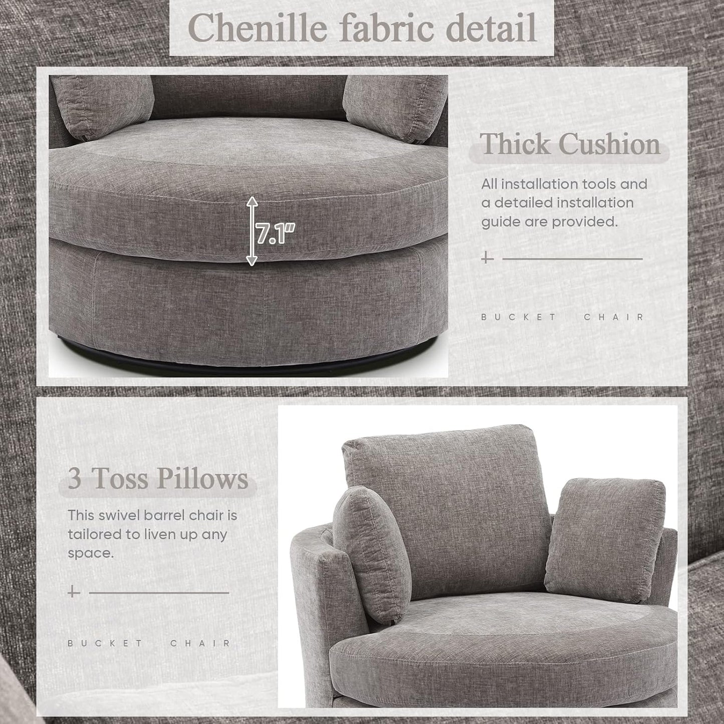 SLEERWAY Oversized Swivel Chairs Set of 2, Big Comfy Round Accent Barrel Chair and A Half Bucket Loveseat Bedroom Club Reading Lounge Living Room Furniture Set (Grey)