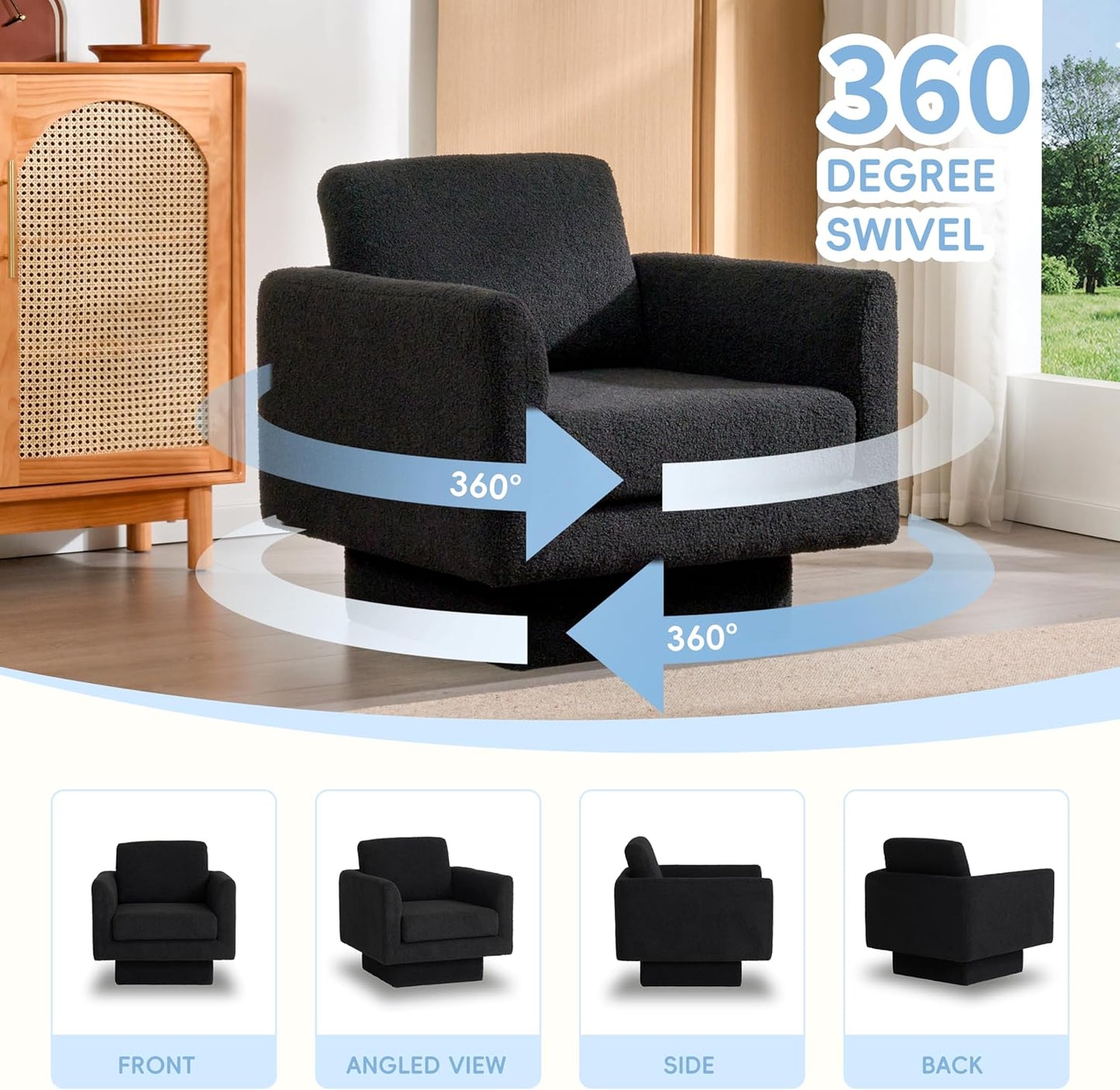 Christopher Knight Home Haven 360° Modern Swivel Accent Chair,Sherpa Boucle Fabric Armchair,Thick Padded Cushion Single Lounge Sofa,Upholstered Comfy Barrel Chair,Reading Club Chair,Living Room,Black