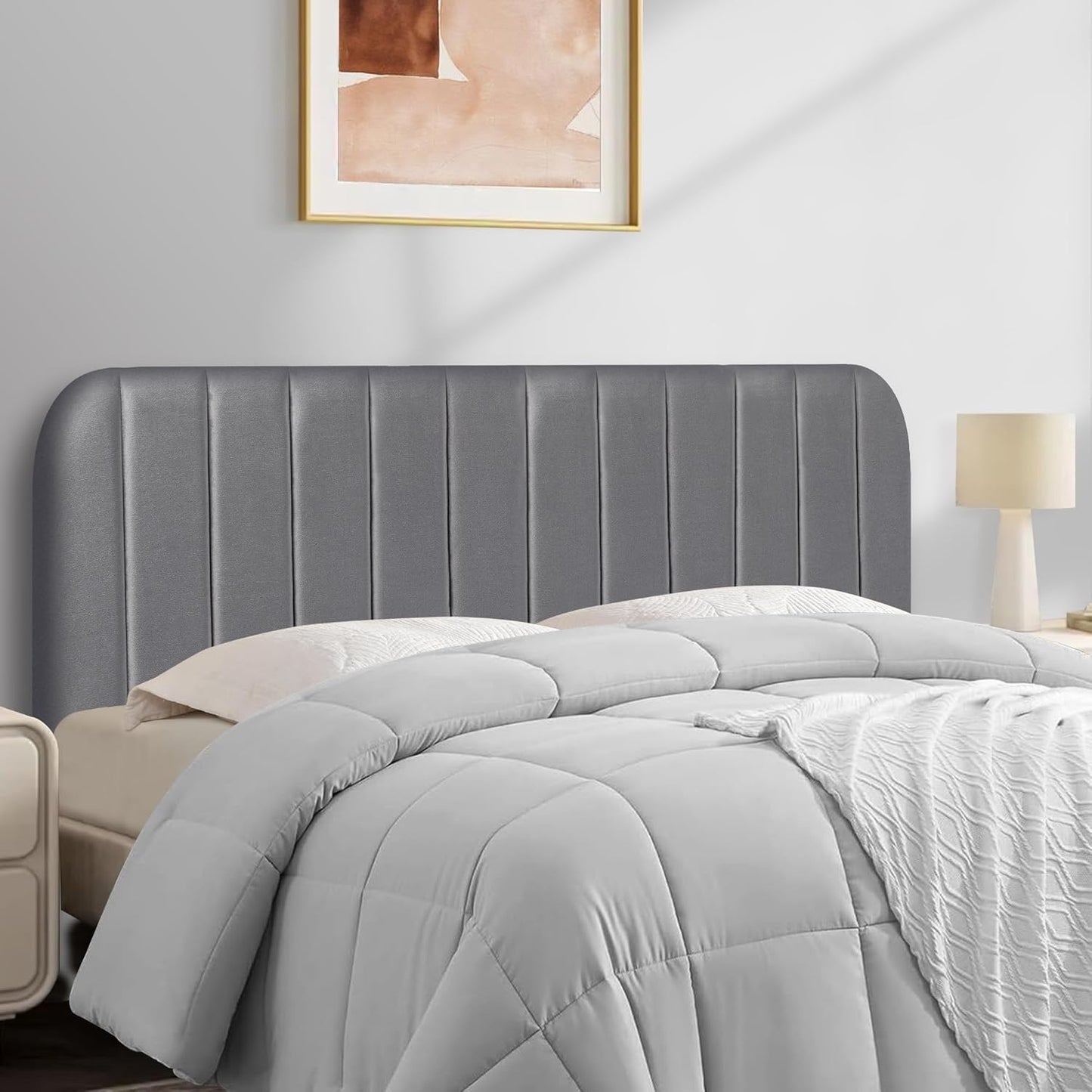 Upholstered Headboard - Striped Interval - Adjustable Height - Metal Legs - Bed Frame (Beige, Queen (U.S. Standard))