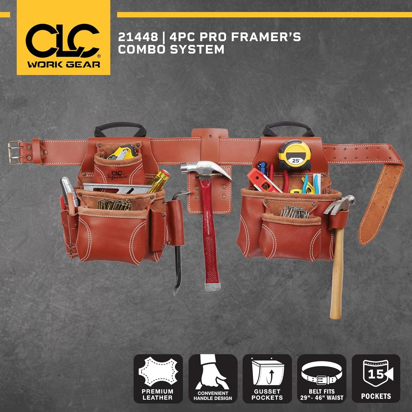 CLC Custom Leathercraft 21448 4 Piece Pro Framer's Combo System Tool Belt 15 Pocket,Brown