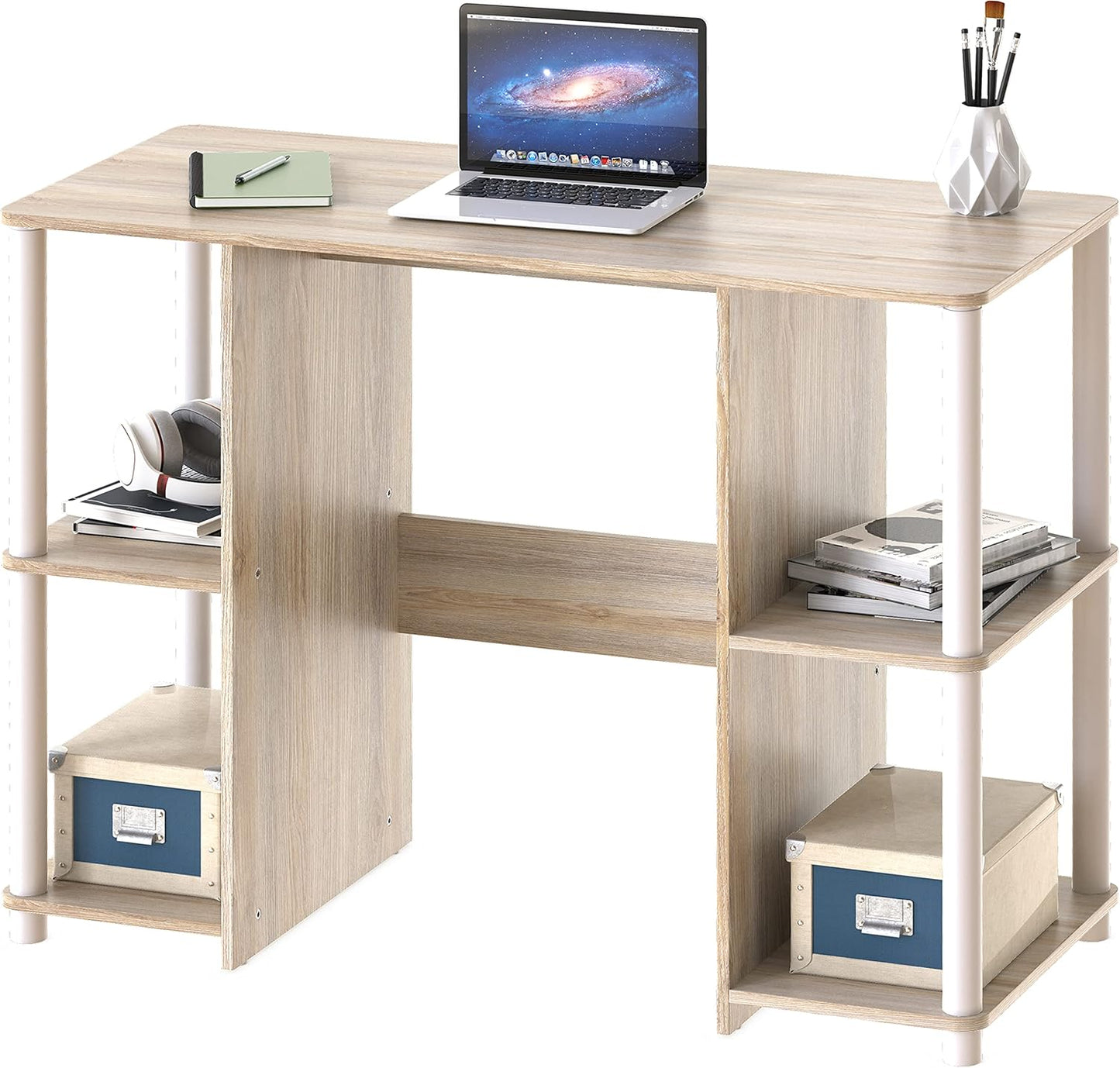 SHW 38-Inch Home Office Wood Desk with Double Sided Shelves, Oak