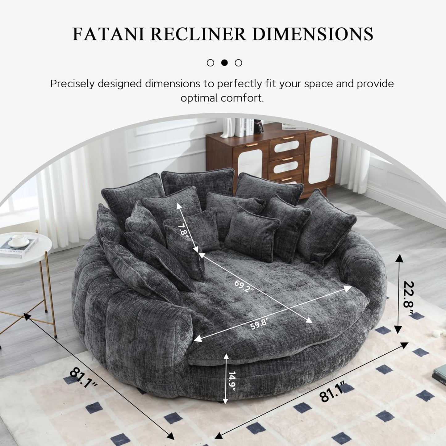 81.1" Oversized Round Chaise Lounge Chair, Extra-Wide 2-Person Accent Chair with 14 Pillows, Comfy Cloud Sleeper Sofa for Living Room (Dark Grey)