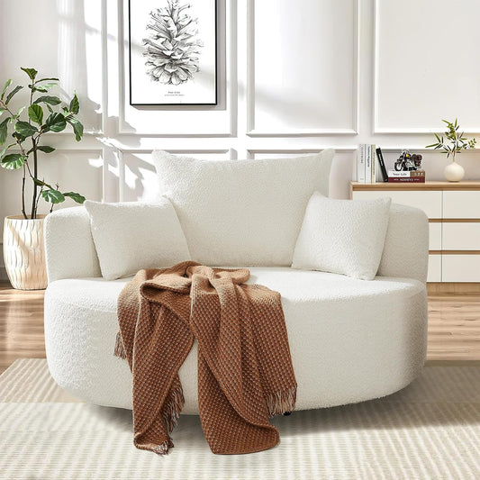 55"W Oversized Round Swivel Accent Barrel Chair,360° Rotating Upholstered Chenille Chaise Lounge Sofa Chair with Wide Armrests&Pillows,Large Modern Comfy Armchair for Living Room,Bedroom,Office(Beige)