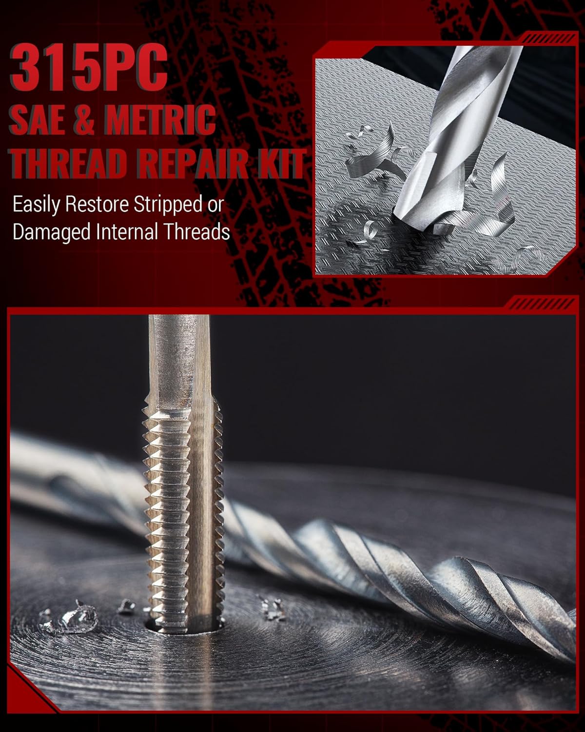 315 PC Helicoil Thread Repair Kit, Metric & SAE Helicoil Kit with HSS Drill Bits Inserts Taps Break Off Tools, Rethreading Tools in M5 M6 M8 M10 M12 & 1/4" 5/16" 3/8" 7/16" 1/2" Sizes