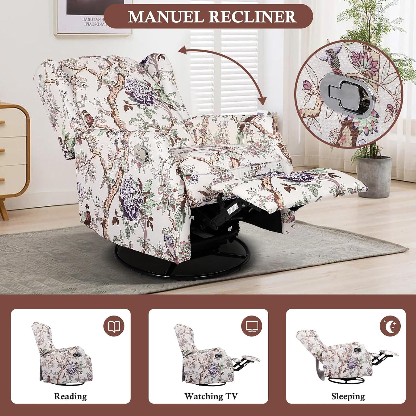 Swivel Rocker Recliner for Adults, Wingback Rocking Swivel Recliner Chair with Padded Seat, 360° Swivel Rocker Glider Recliners with Adjustable Backrest & Footrest for Living Room