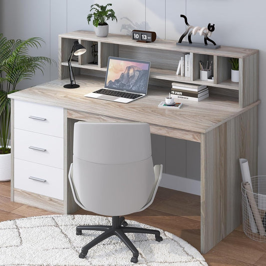 46 inch Home Office Desk with 3 Storage Drawers for Small Spaces, Writing Study Table for Home Office, Computer Desk with Hutch, Walnut and White