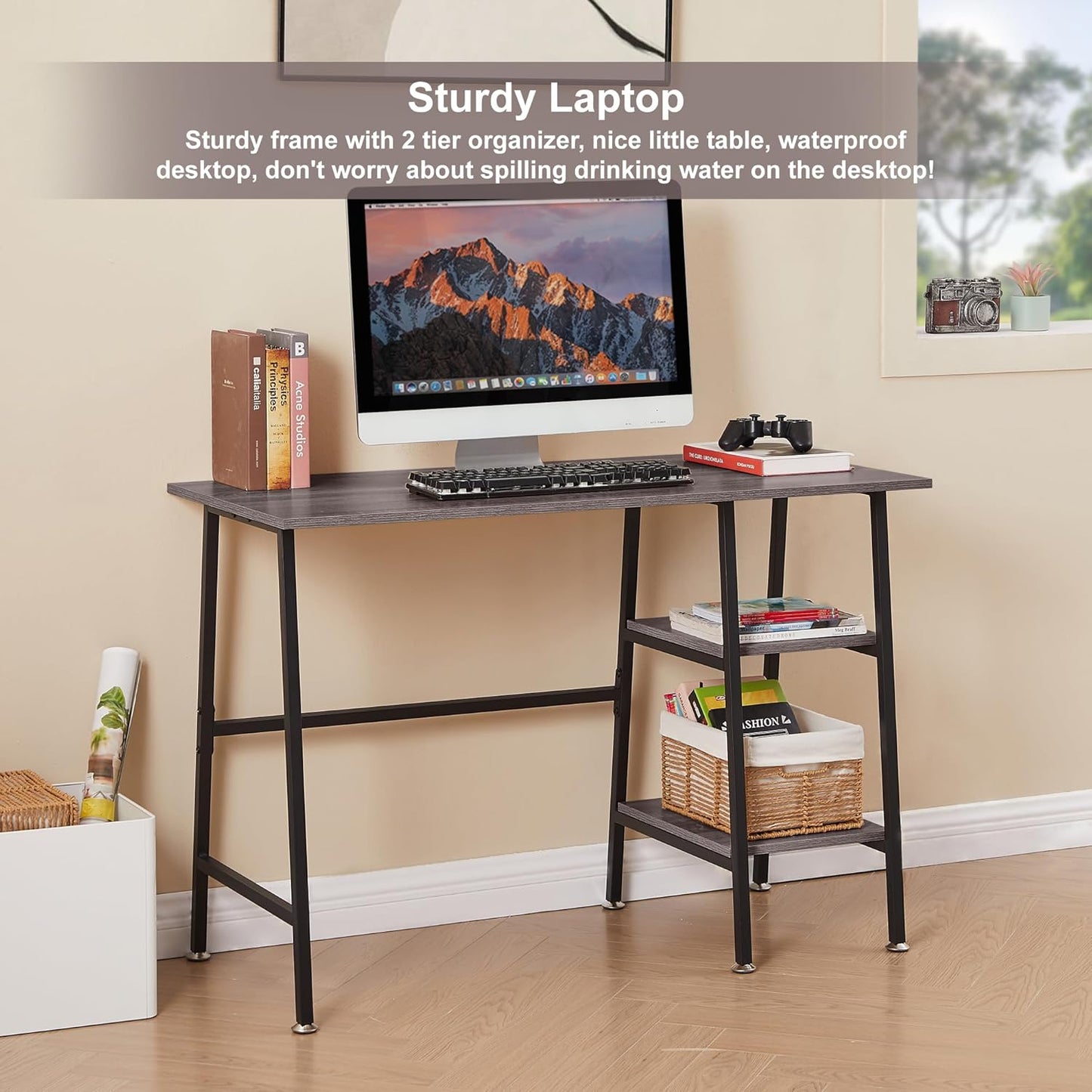 VECELO 43 Inch Computer Desk Writing Study Work Office Table Modern Desk with Shelves Wooden Desk for Home Bedroom,Brown Desk
