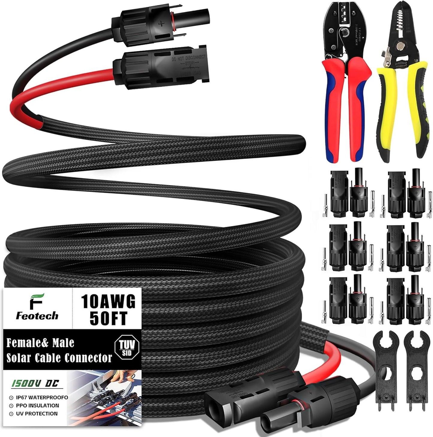 Twin Wire 40 Feet Solar Extension Cable 10AWG with -IP67- Female and Male Connector, Bonus Four Pairs of Free Connector Solar Panel Adapter kit Tools (6 Pairs connectors)
