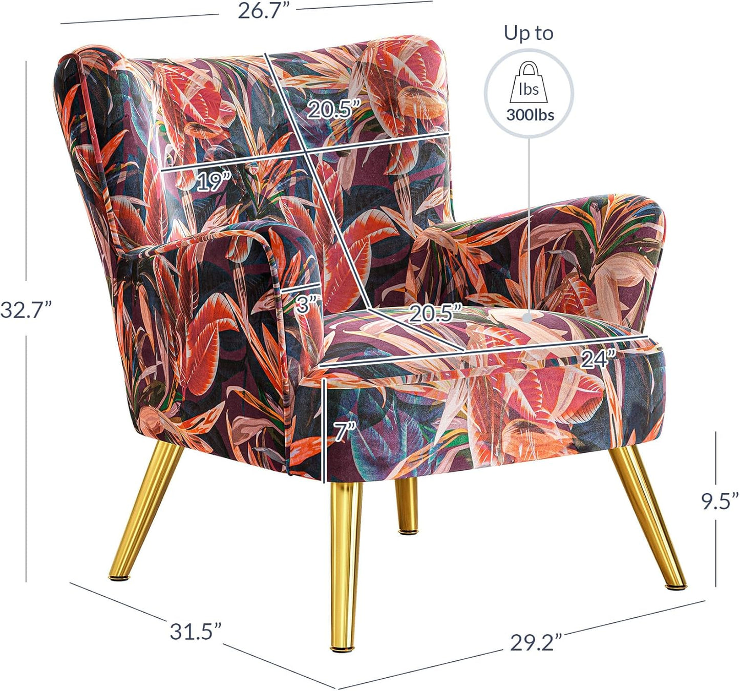 BELLEZE Modern Accent Chair, High Back Floral Pattern Armchair with Metal Legs, Upholstered Wingback Single Chair for Living Room Bedroom Office [Set of 2] - Holland (Red Floral)
