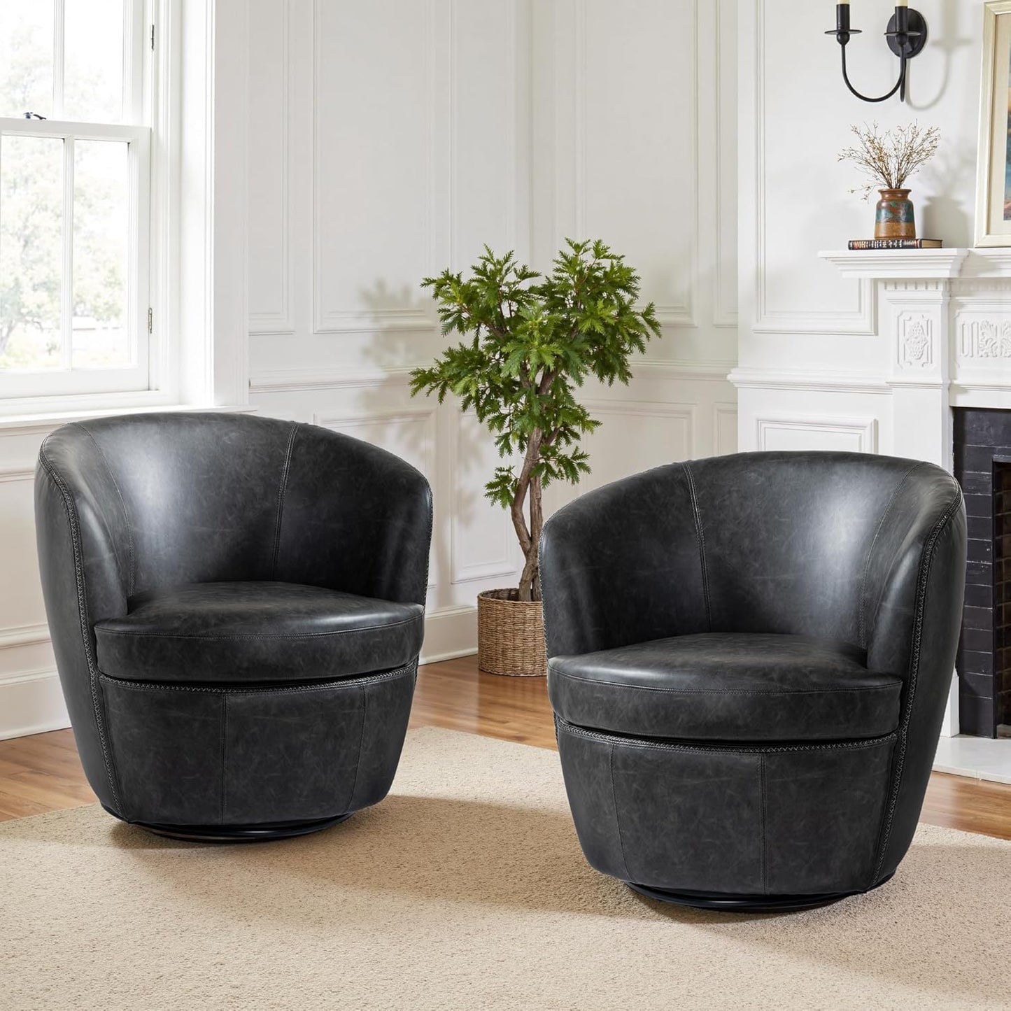 UIXE PU Leather Swivel Barrel Accent Chair, Modern Round Swivel Chair Comfy Upholstered Armchair for Living Room, Vintage Arm Chair Single Sofa Bedroom Reading Seats - Chocolate