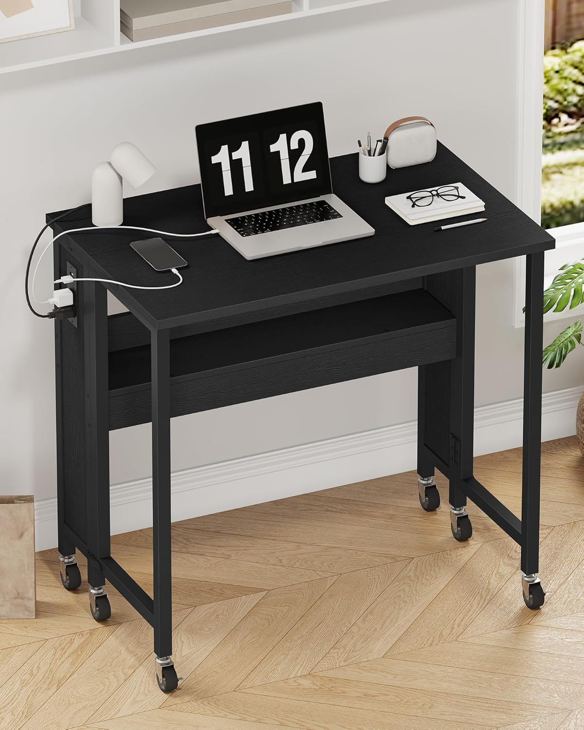 31.5" Modern White Folding Computer Desk with Power Outlets, Wheels, Storage, Perfect for Small Spaces White TDN01UWB
