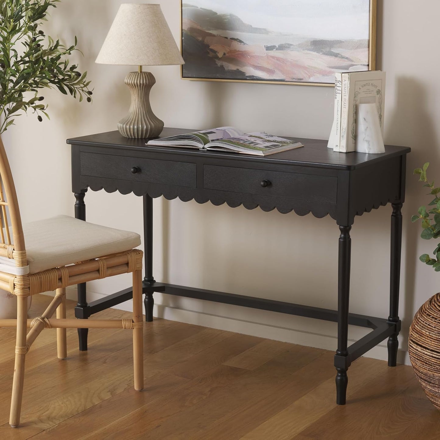 SAFAVIEH Home Collection Haven Farmhouse Country Cottage Matte Black 2-Drawer Desk Console Table for Entryway, Living Room, Home Office