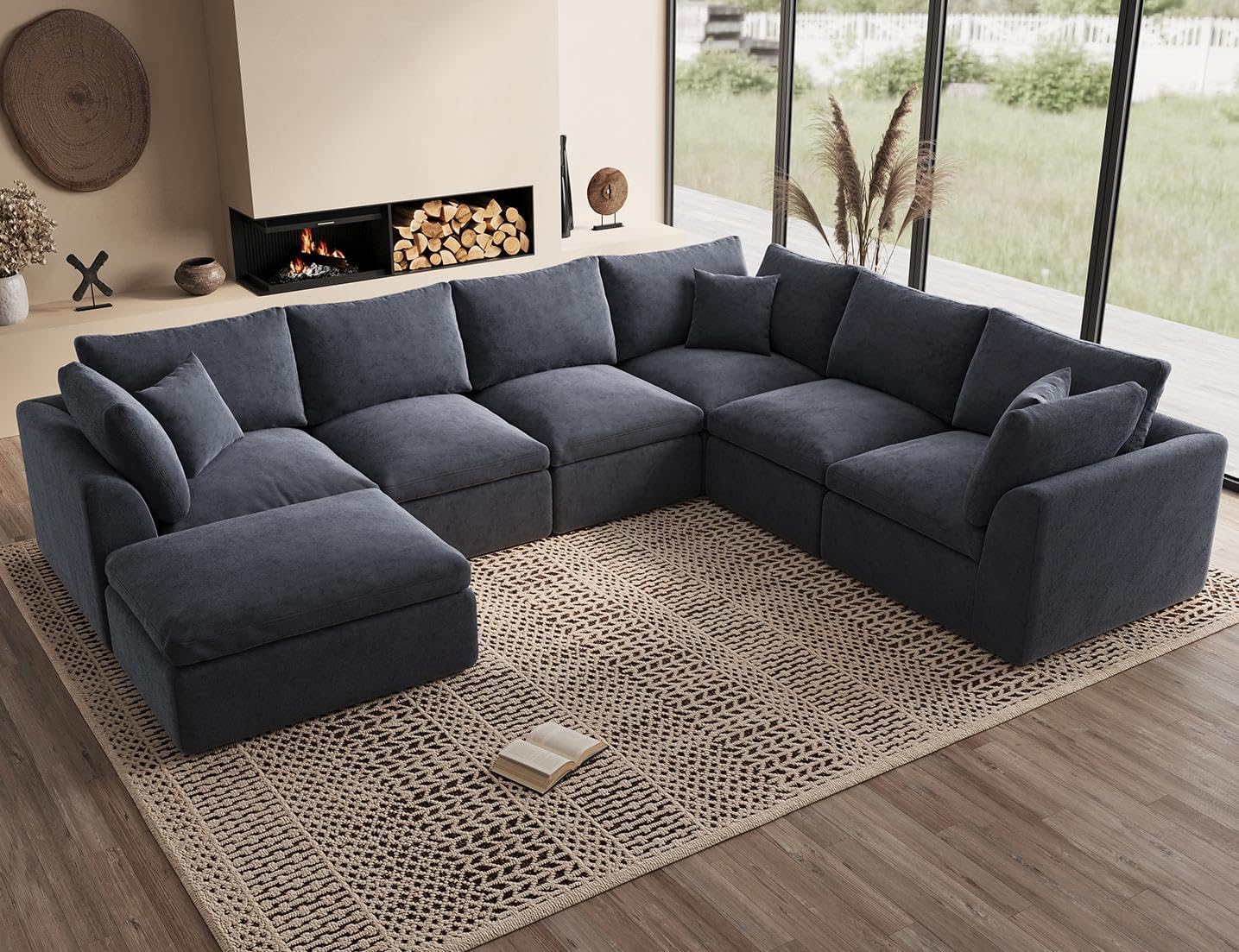 110" Cloud Sectional Couches for Living Room, Convertible L-Shape Couch with Ottoman, 3 Seater Modular Sectional Sofa, Warm White