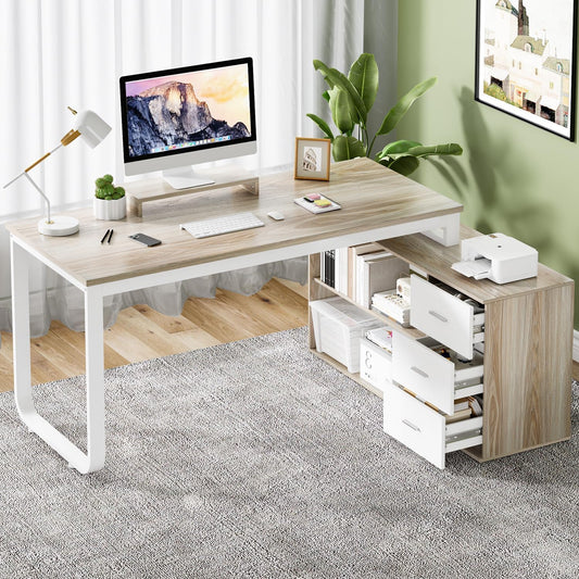 55 Inch Reversible L Shaped Computer Desk with 3 Drawers, Corner Desk with Storage Shelves and Removable Monitor Stand, White and Walnut