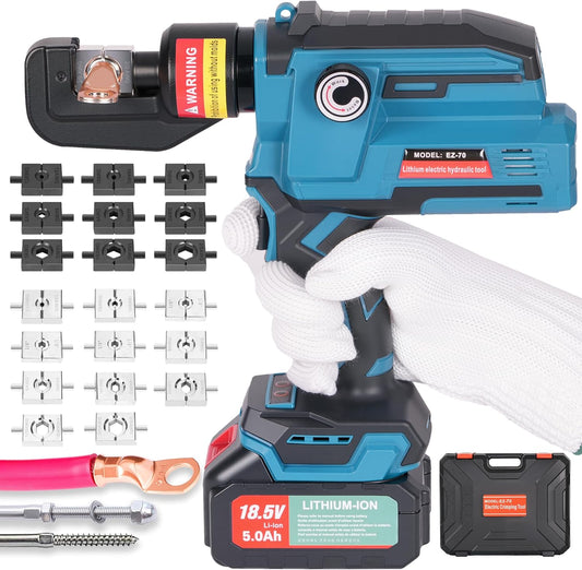 AMZCNC Electric Hydraulic Cable Lug Crimping Tool, 12 AWG to 2/0 AWG Terminal, Cable, Wire Electric Crimper Tool Kit, Battery Crimp Tool Kits with 20 Dies(12AWG~00AWG)