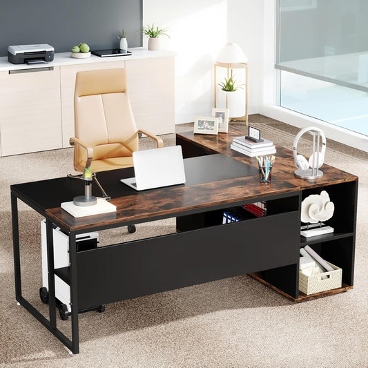 Tribesigns 71" L-Shaped Executive Desk, Large Office Desk with Lateral Cabinet and Open Shelves, Industrial Computer Table for Home Office, Walnut & Black