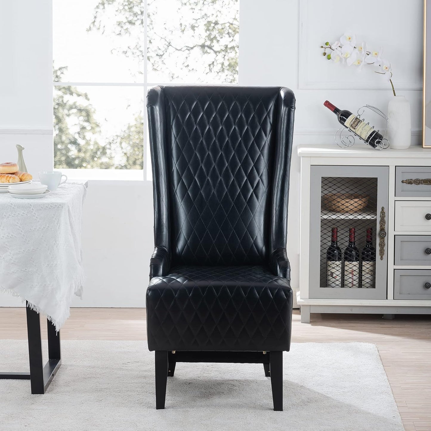 23.03" Wide Faux Leather High-Back Chair, Comfy High Wingback Chair, Living Room Chair with Soft Padded & Wooden Legs, Modern Side Chair for Living Room, Bedroom, Black