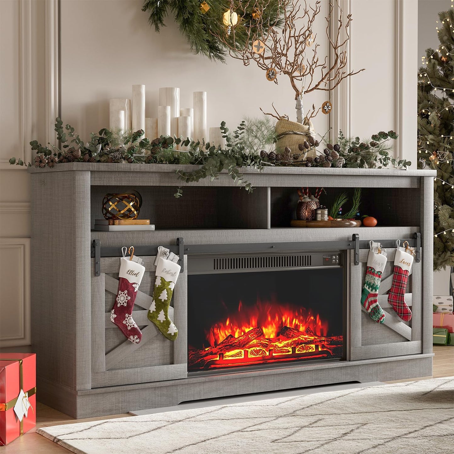 YESHOMY Farmhouse TV Stand for Televisions up to 65 Inches, Sliding Barn Doors and Storage Cabinets, Console Table and Media Furniture for Living Room, 58 Inch, Milk White