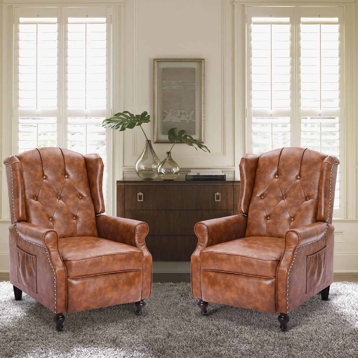Wingback Recliner Chair, Push Back Arm Chair with Heat and Massage, PU Leather Single Sofa for Home, Living Room, Office, Bedroom(Cognac Brown,Set of 2)