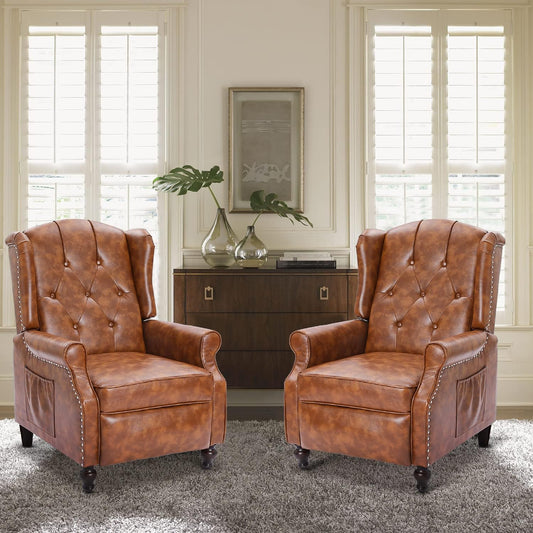 Wingback Recliner Chair, Push Back Arm Chair with Heat and Massage, PU Leather Single Sofa for Home, Living Room, Office, Bedroom(Cognac Brown,Set of 2)