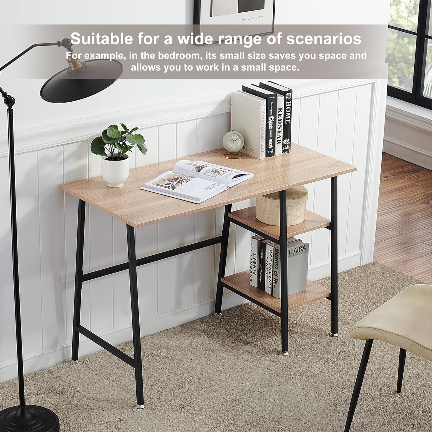 VECELO 43 Inch Writing Desk Home Office, Home Office Study Tables with 2 Tier Storage Shelves Eiton Left or Right Side, Simple Industrial Style with Adjustable Feet and Water Proof Surface, Oak Desk